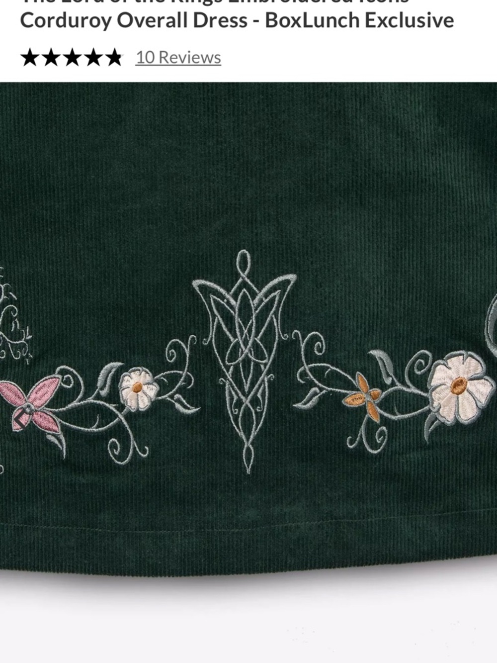 LOTR BoxLunch Embroidered Corduroy Overall Dress in Deep Green - Picture 4 of 7